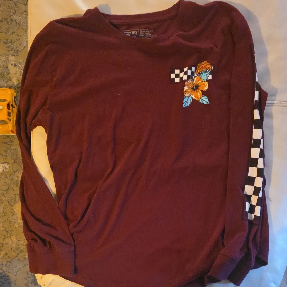 dk active Maroon Long Sleeve with Floral and Checkered Accents